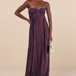 Lulus Whimsical Beauty Dark Purple Satin Plisse Strapless Maxi Dress - Size XL